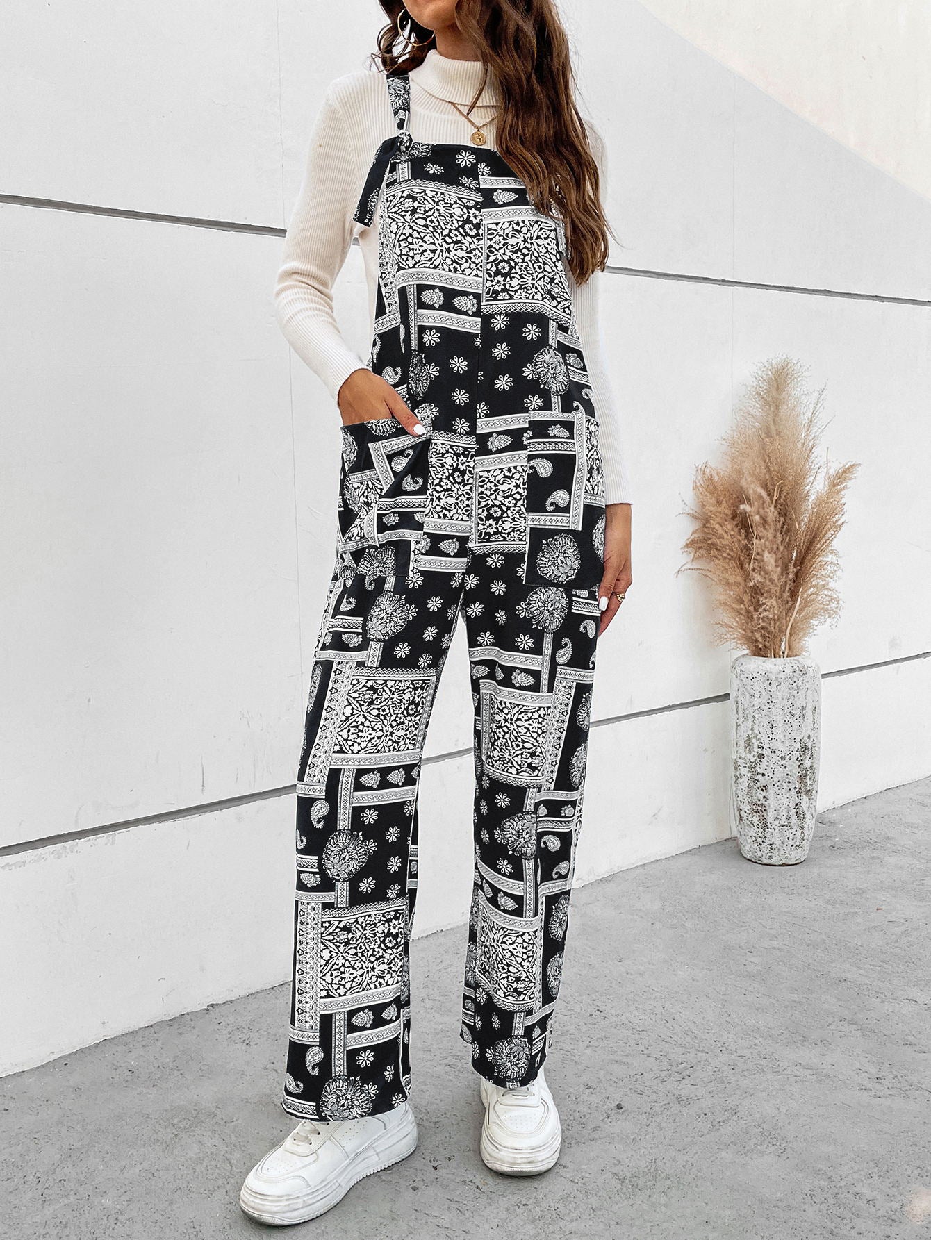 Printed Straight Leg Jumpsuit with Pockets