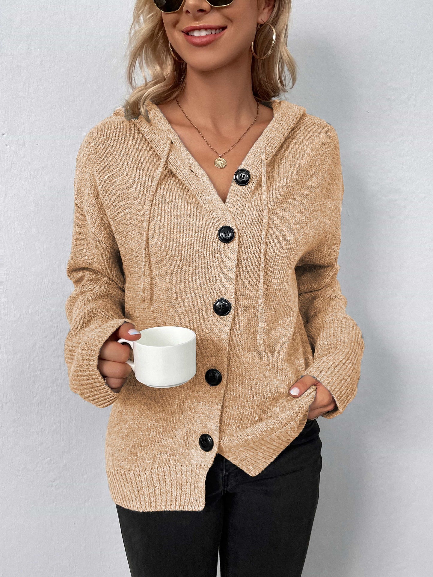 Button-Down Long Sleeve Hooded Sweater B922