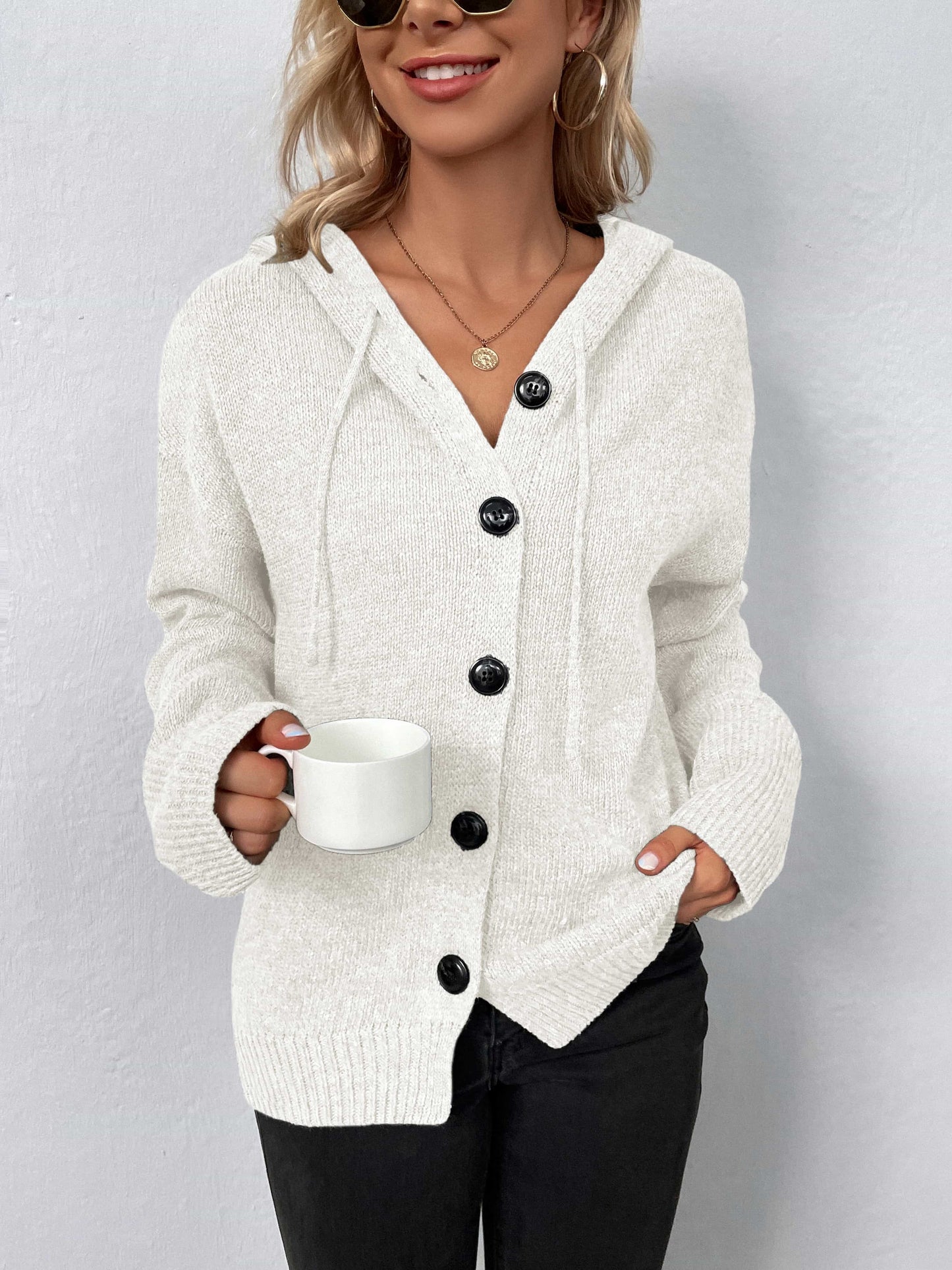 Button-Down Long Sleeve Hooded Sweater B922