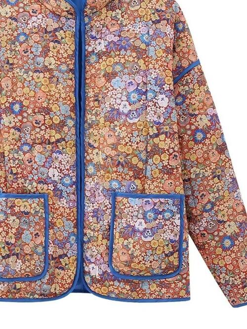 Floral Open Front Puffer Jacket with Pockets