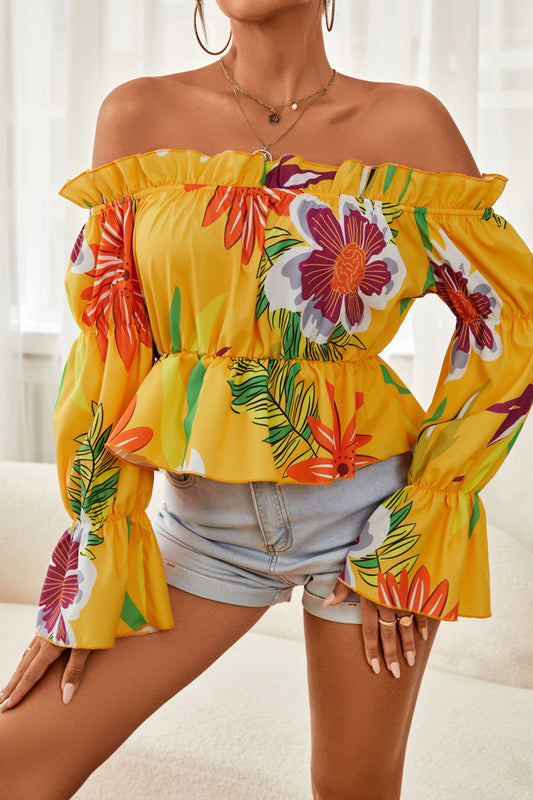 Floral Off-Shoulder Flounce Sleeve Peplum Blouse B109