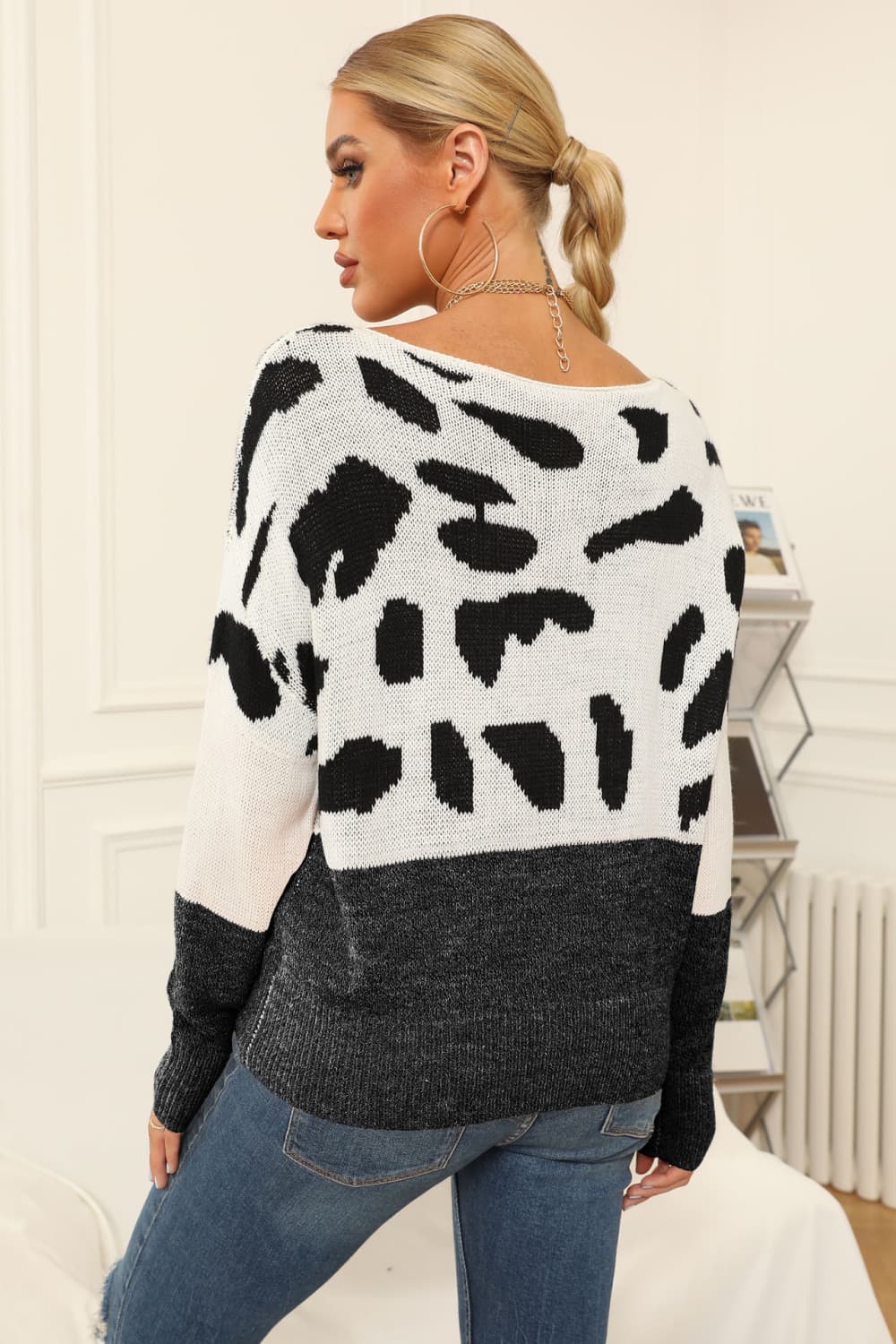 Full Size Two-Tone Boat Neck Sweater B922A