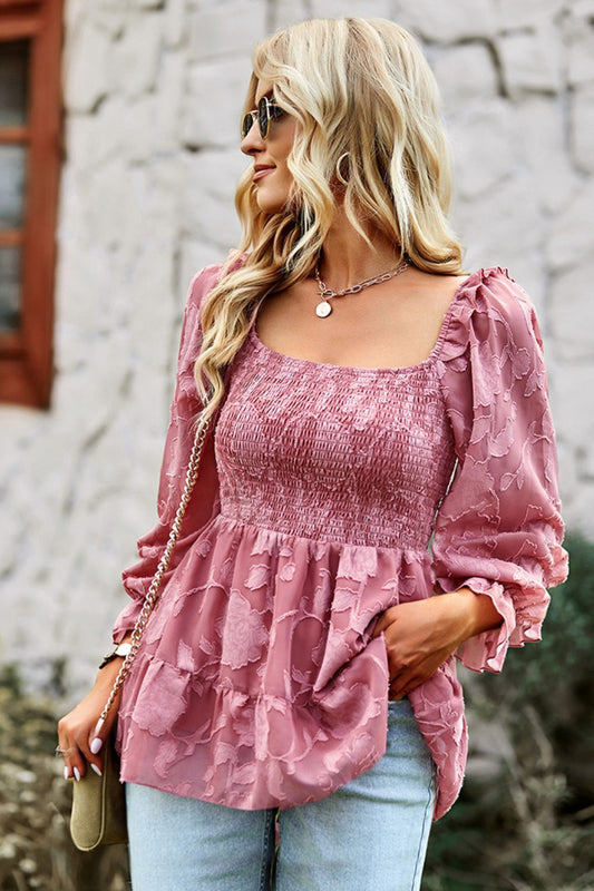 Double Take Smocked Square Neck Flounce Sleeve Blouse