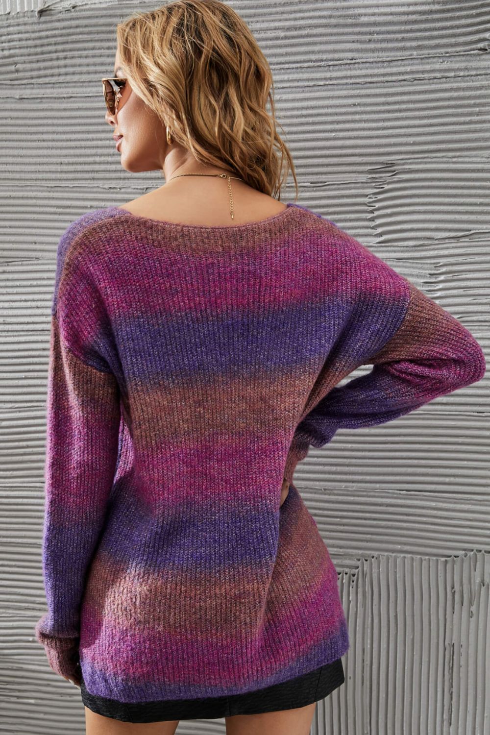 Multicolored Rib-Knit V-Neck Knit Pullover B8143