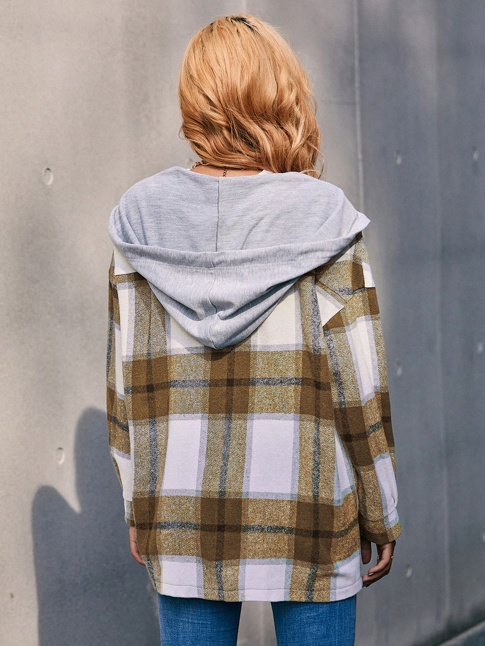 Plaid Dropped Shoulder Hooded Jacket B111A