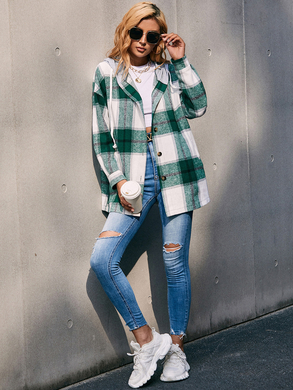 Plaid Dropped Shoulder Hooded Jacket B111A